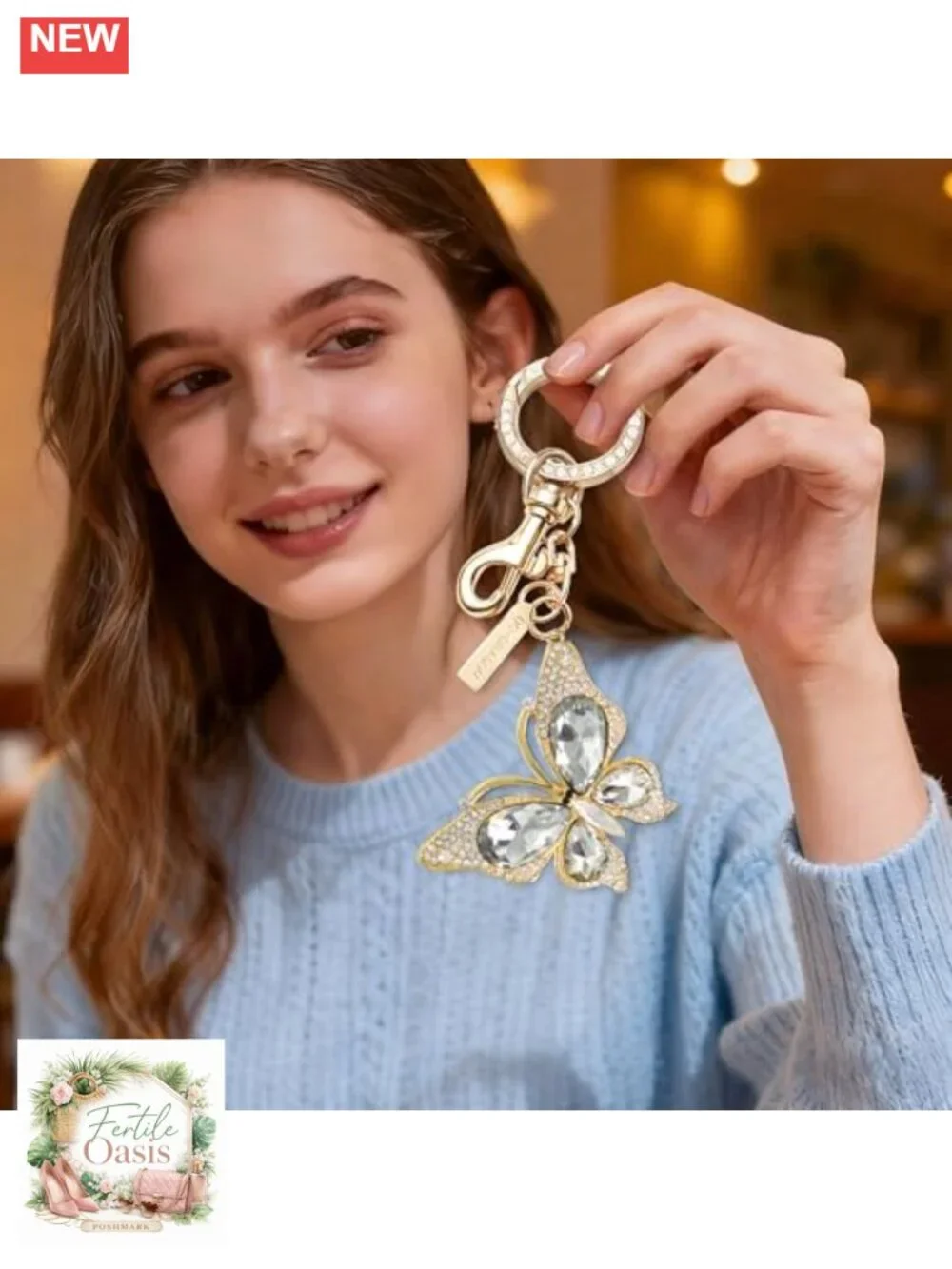 Rhinestone Butterfly Bag Charm Keychain Gold-Tone